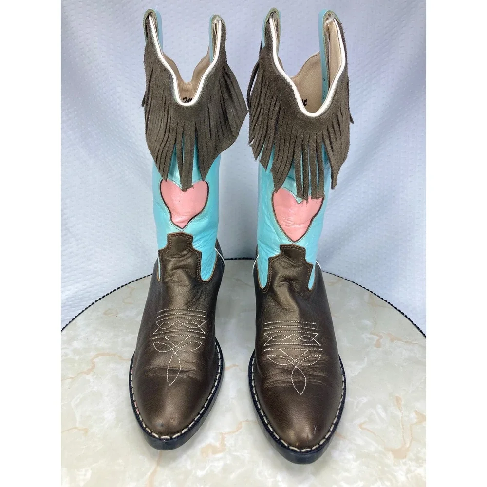 Old West Fringe Leather Western Boots Youth Sz 4.5 Turquoise Bronze Cowboy Rodeo